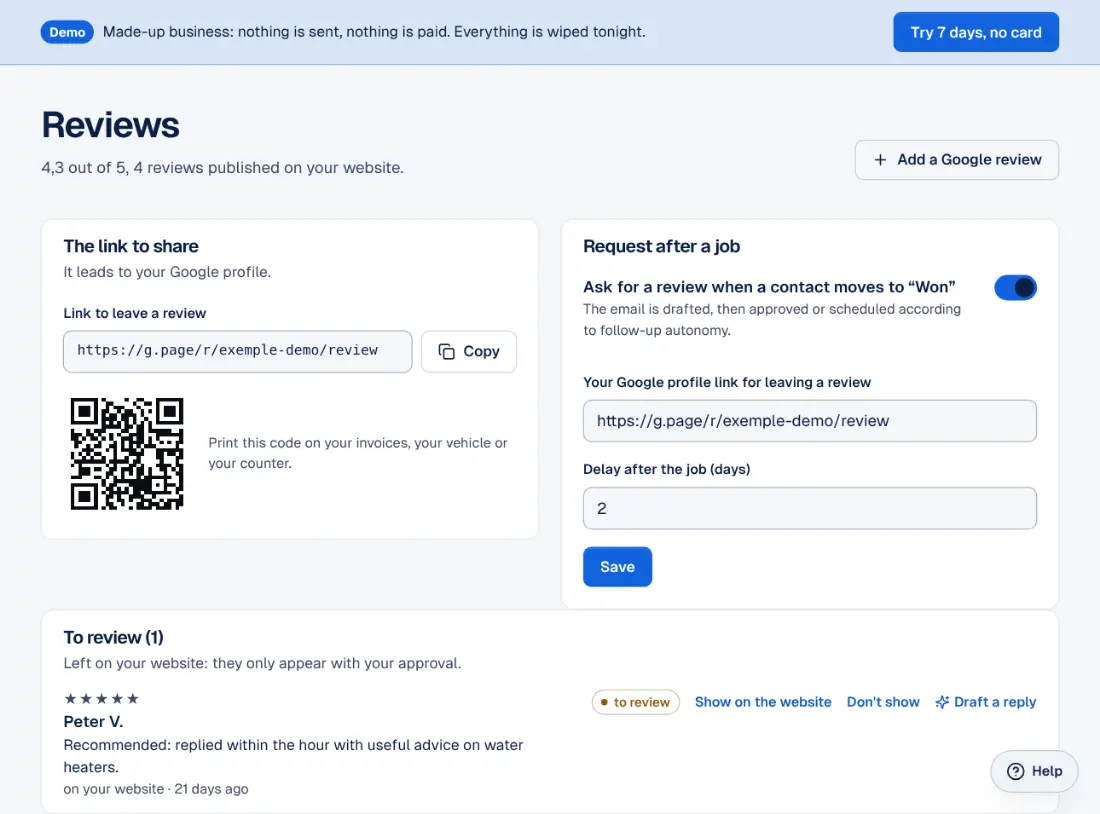 The Reviews screen in the Ablyos workspace: review requests sent and received.