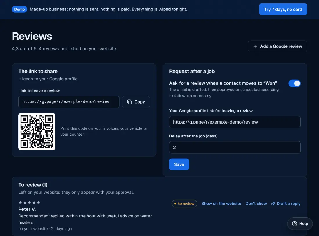The Reviews screen in the Ablyos workspace: review requests sent and received.