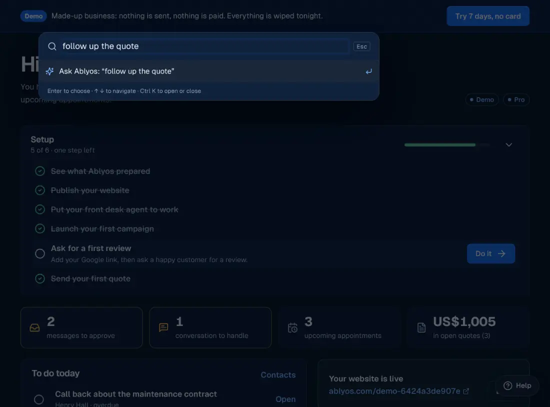 The Ablyos command bar, open on a request.