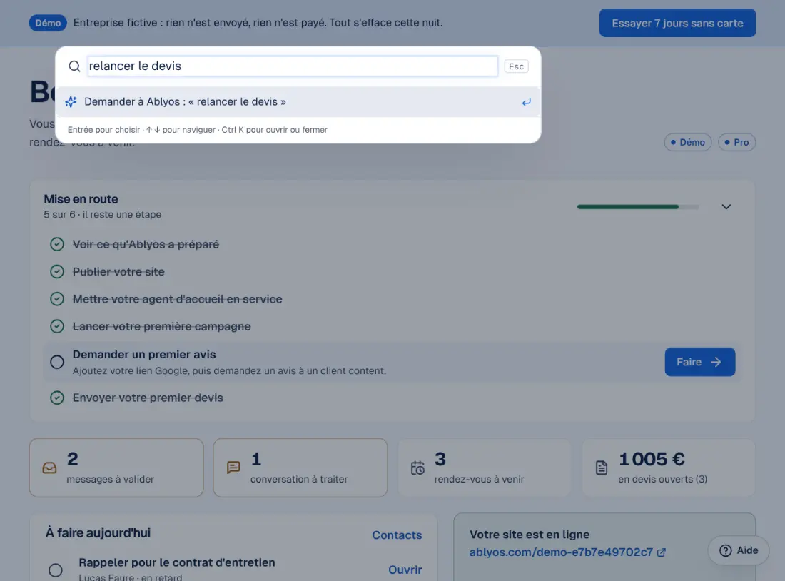 La barre de commande de l'espace Ablyos, ouverte sur une demande.