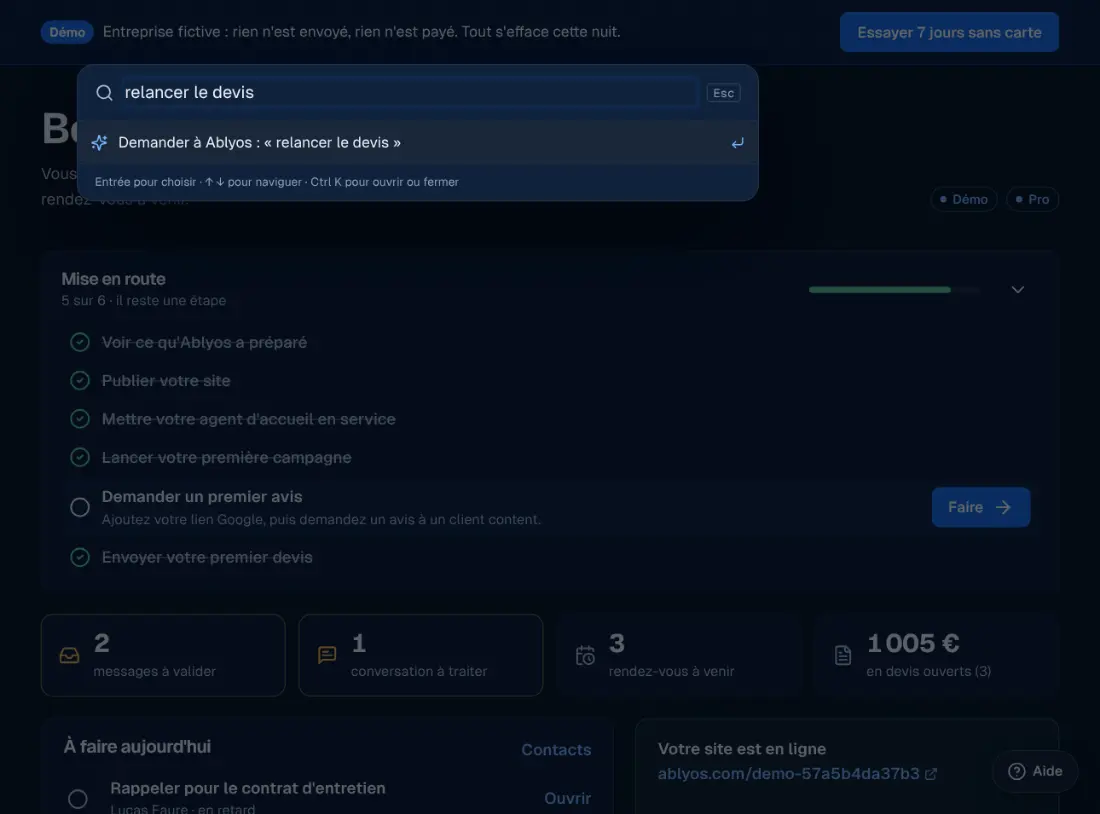 La barre de commande de l'espace Ablyos, ouverte sur une demande.