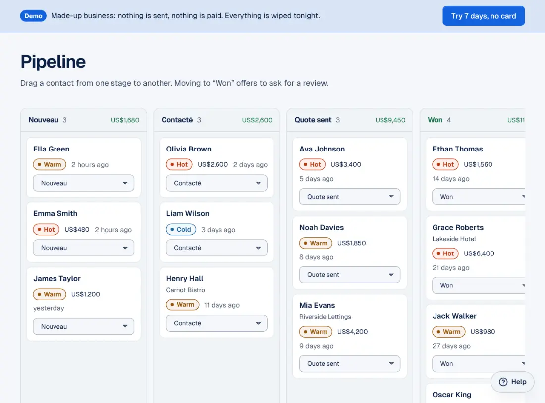 The CRM pipeline in the Ablyos workspace.