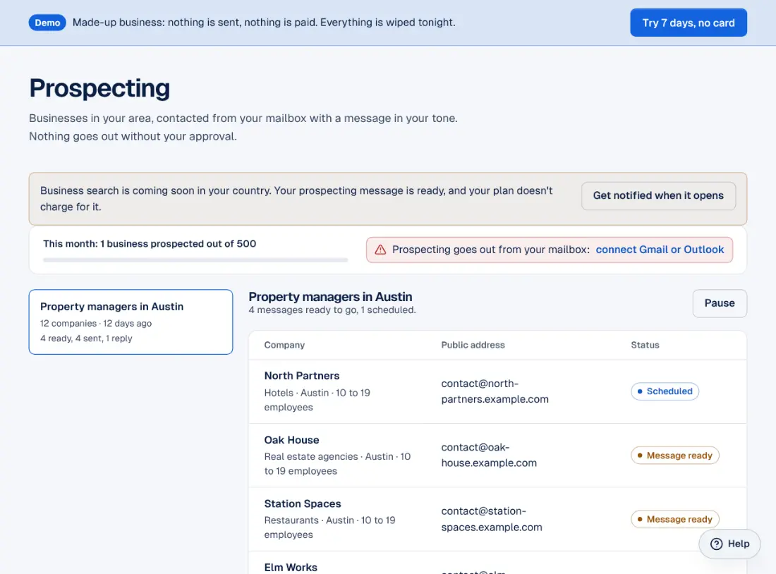 The Prospecting screen in the Ablyos workspace: campaigns and prospects to approve.