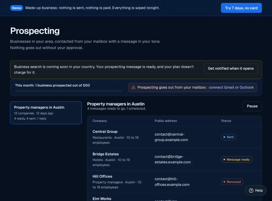 The Prospecting screen in the Ablyos workspace: campaigns and prospects to approve.