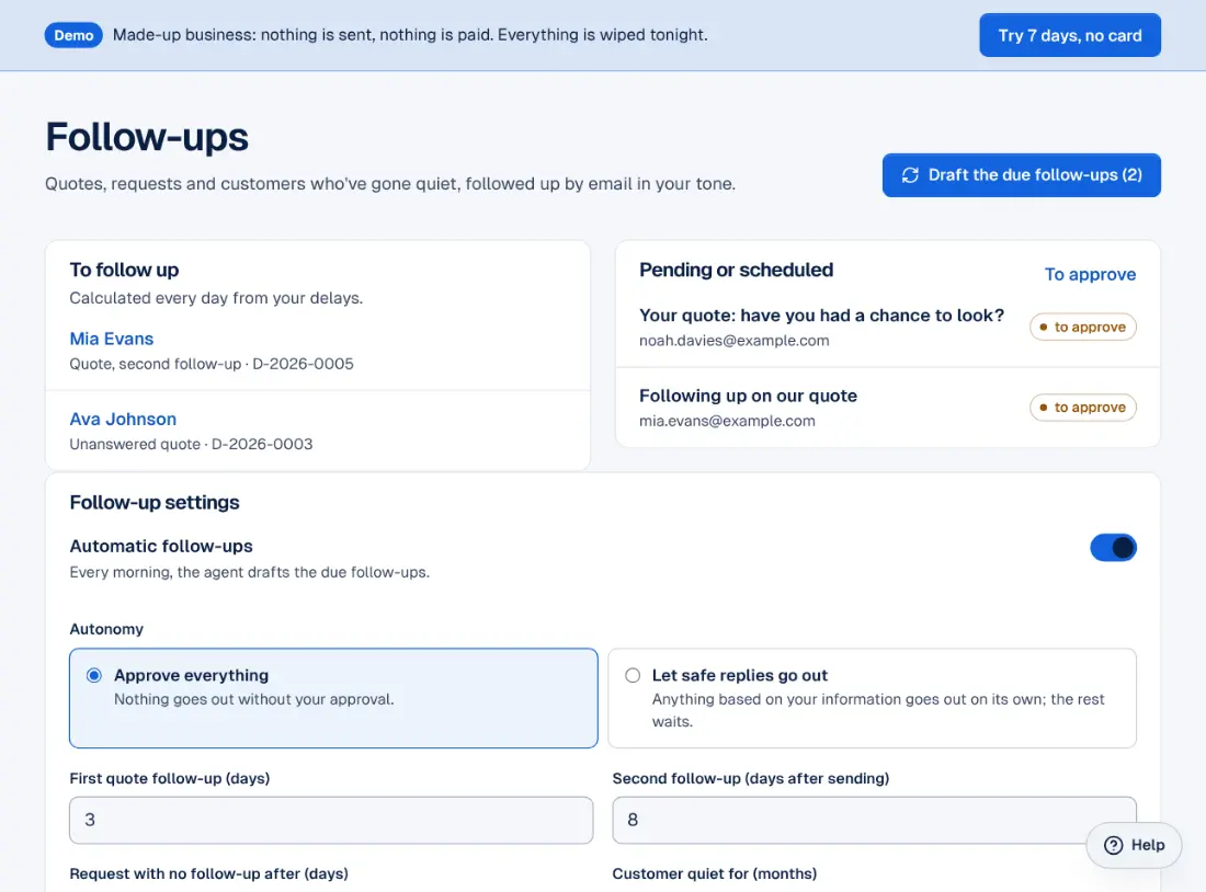 The Follow-ups screen in the Ablyos workspace: quotes and customers to follow up.