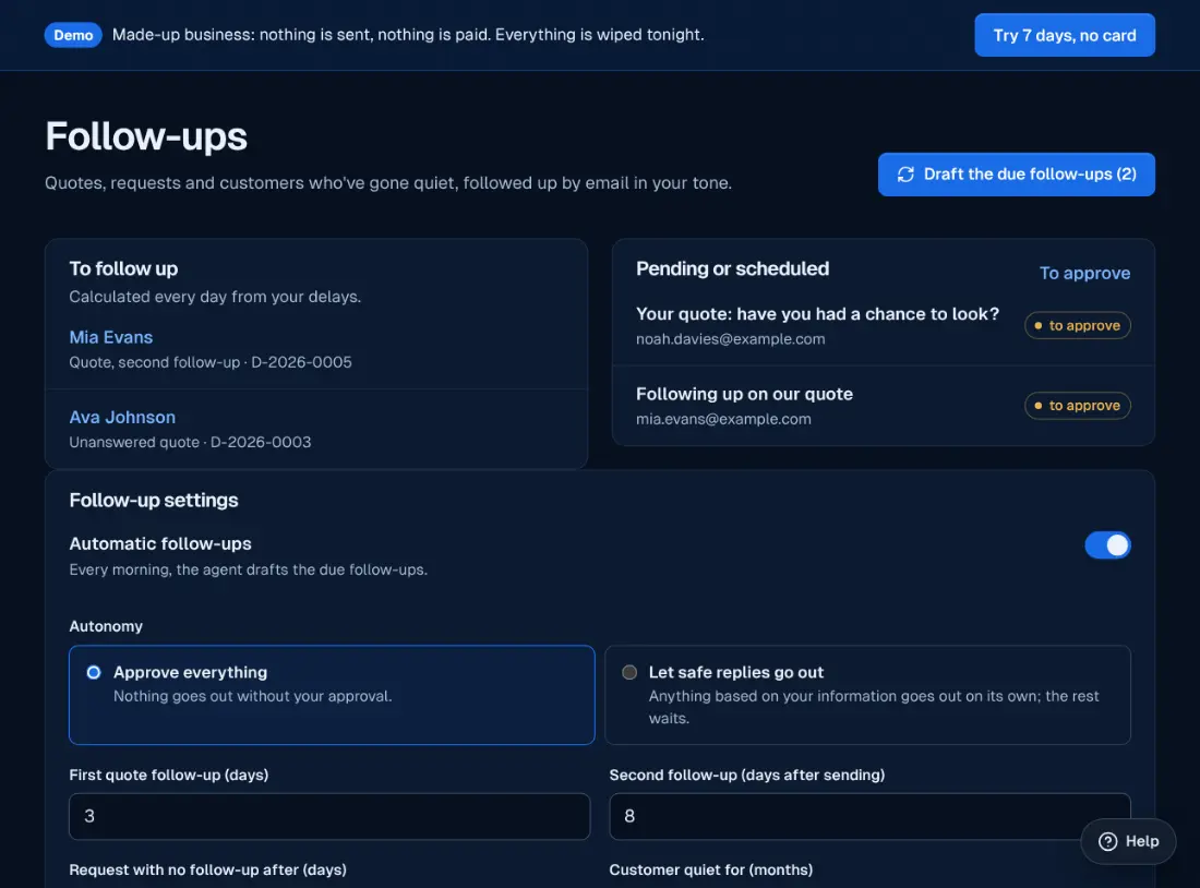 The Follow-ups screen in the Ablyos workspace: quotes and customers to follow up.