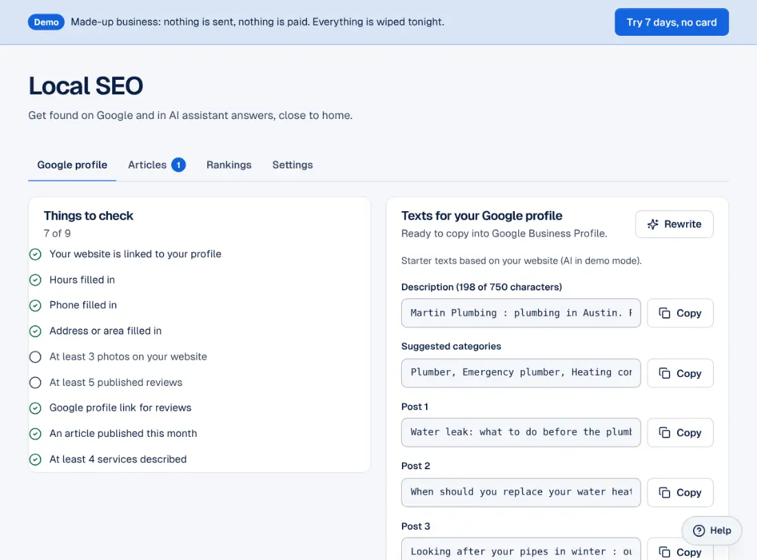 The Local SEO screen in the Ablyos workspace.