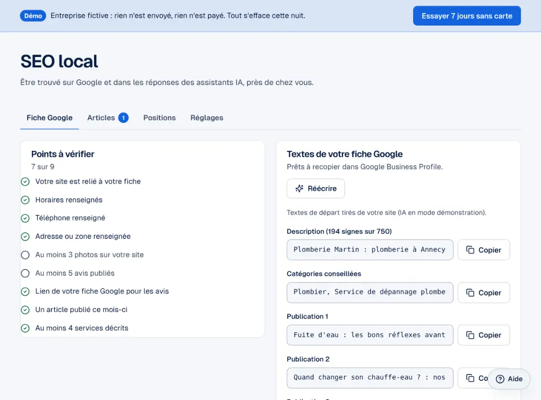 L'écran SEO local de l'espace Ablyos.