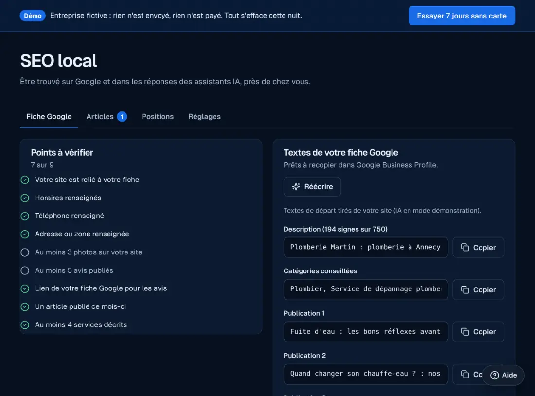 L'écran SEO local de l'espace Ablyos.
