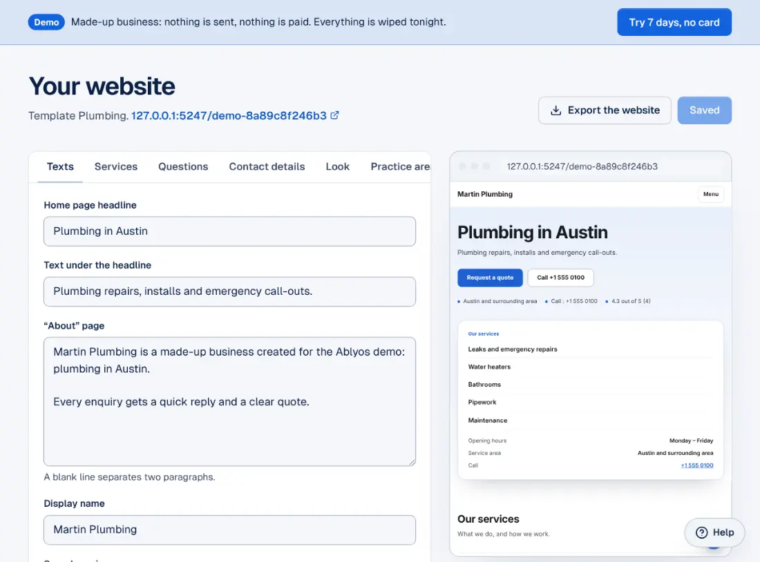The website editor in the Ablyos workspace.