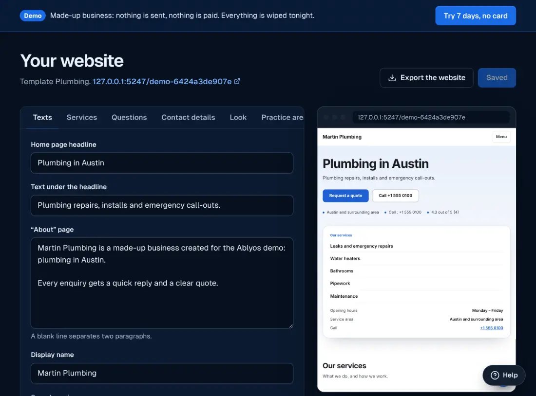 The website editor in the Ablyos workspace.