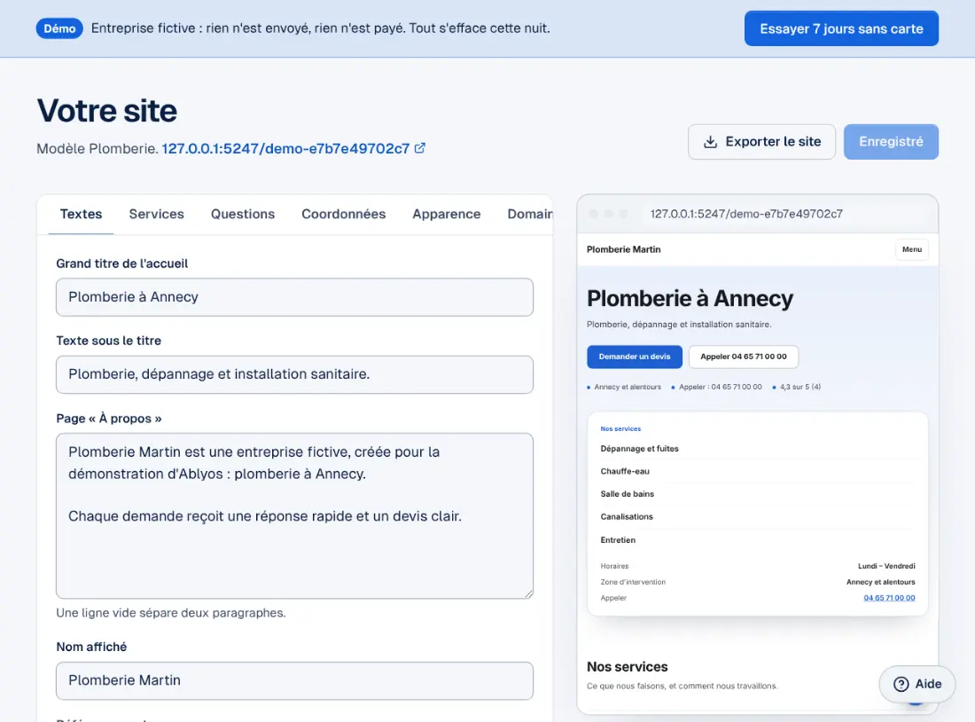 L'éditeur du site dans l'espace Ablyos.